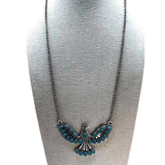 NEW Silver Faux Turquoise Phoenix Pendant Chain Necklace - Picture 7 of 11